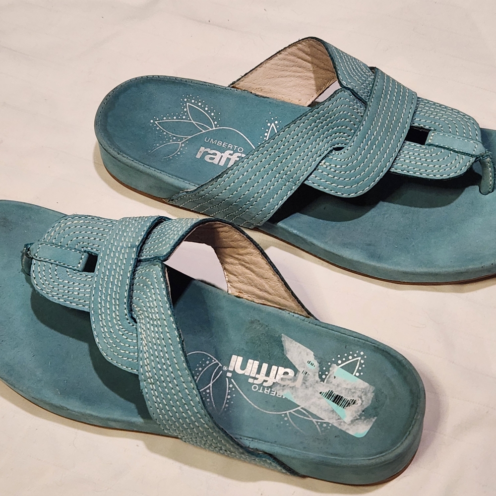 Umberto Raffini Teal Suede Thong Sandals with Contrast Stitching - Picture 6 of 8